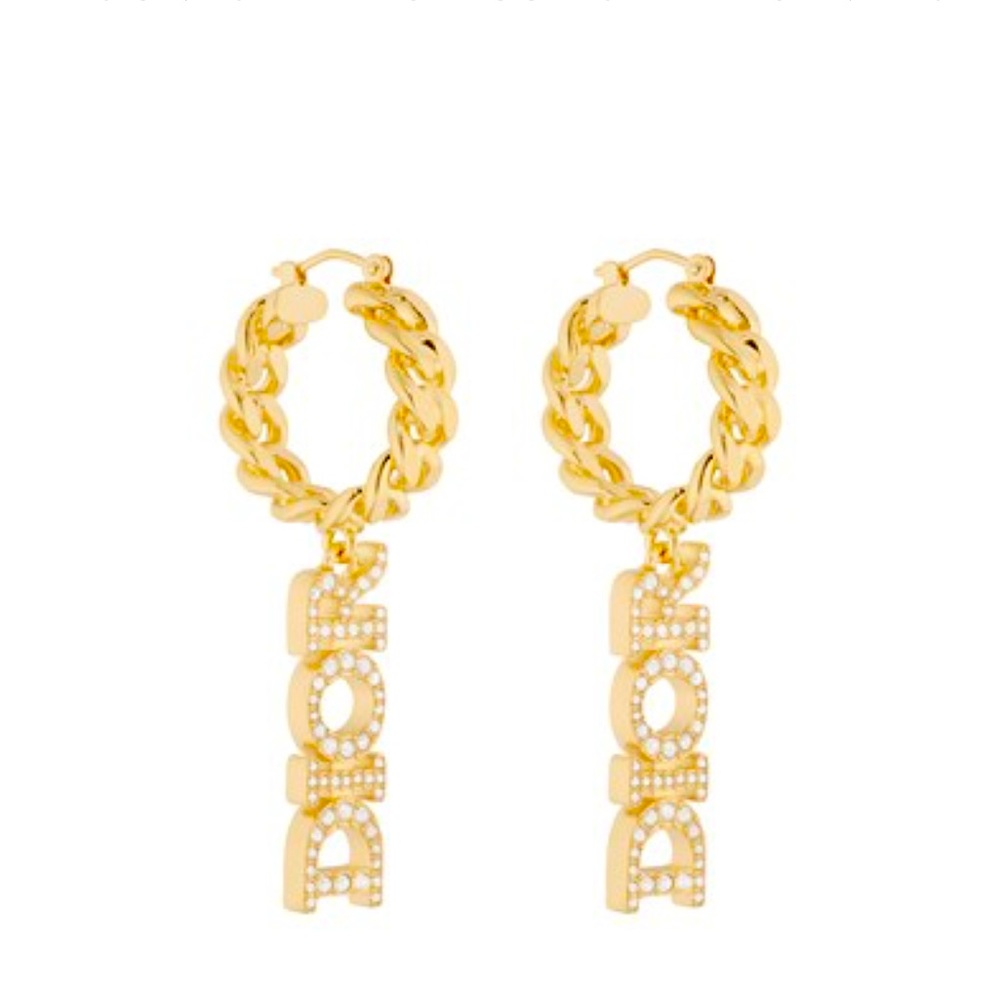 White crystals, 'DIOR' signature, gold-finish metal, hook clasp, sold as a pair.